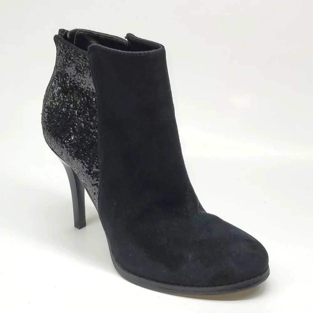 BCBG Paris Milan Black Faux Leather Suede Black Glitter Ankle Booties 6B
